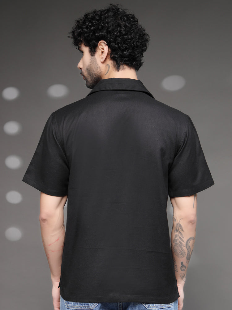 Black Waffle Knit Cuban Shirt