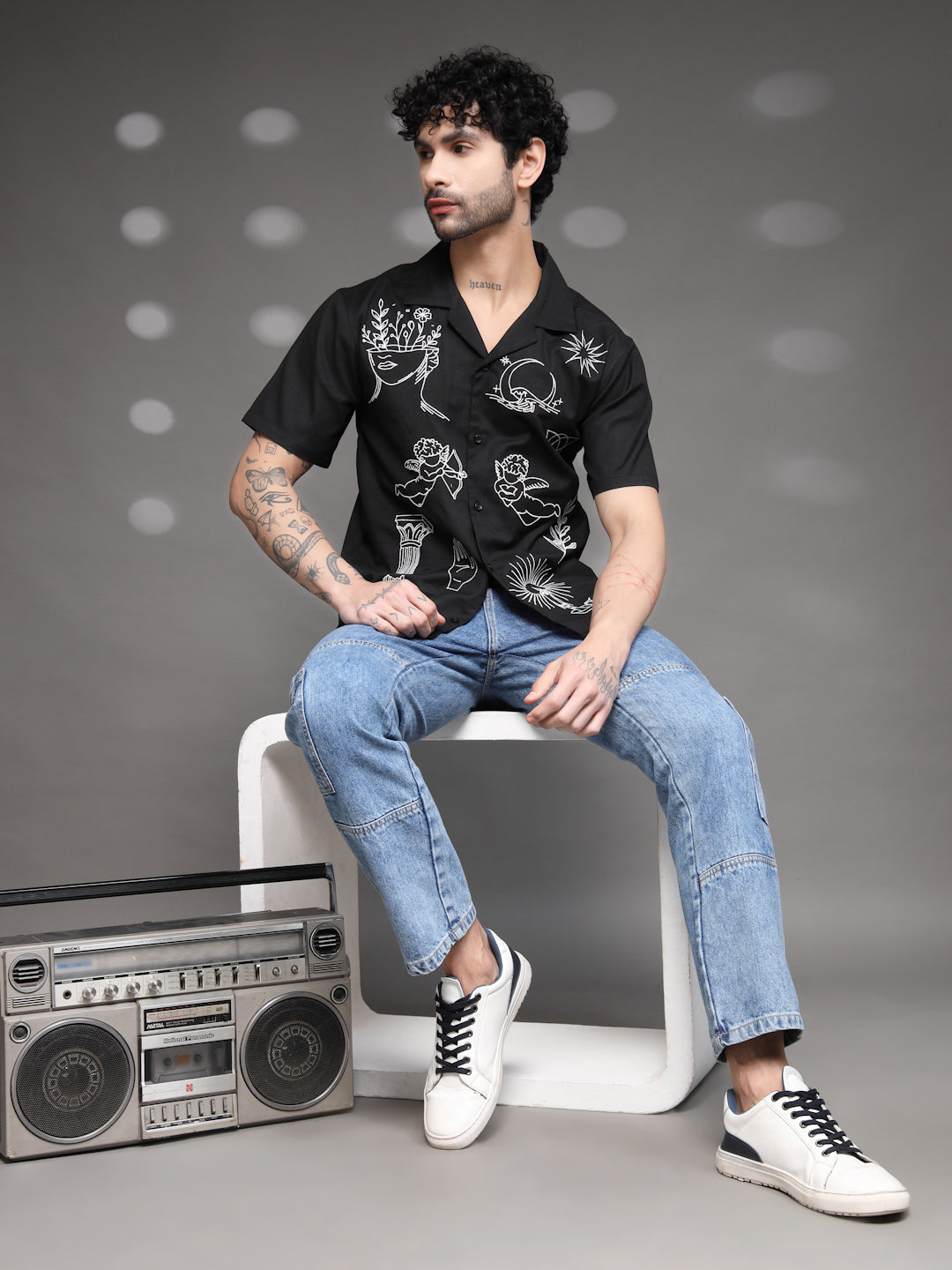 Black Tattoo Graphic Cuban Shirt