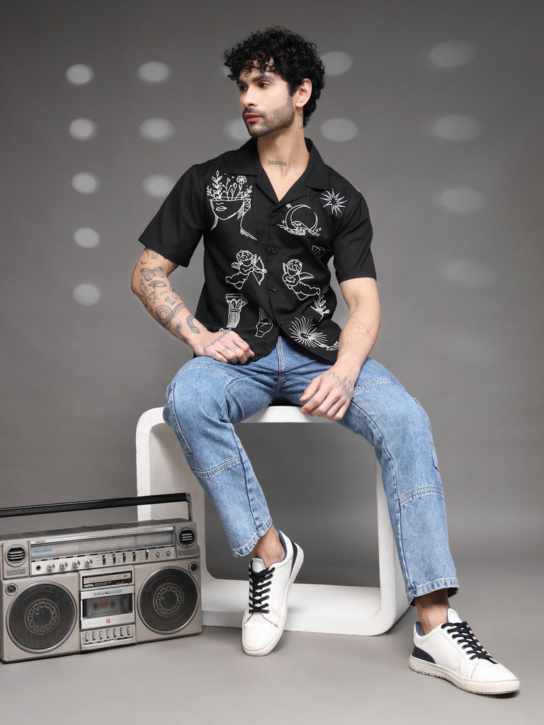 Black Tattoo Graphic Cuban Shirt