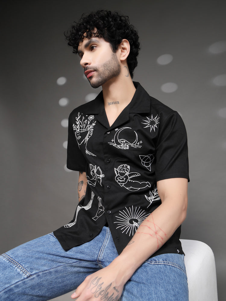 Black Tattoo Graphic Cuban Shirt