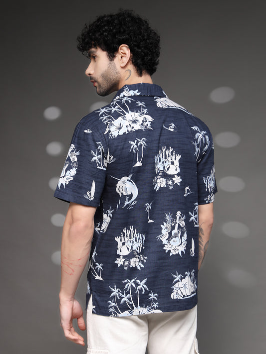 Men's Navy Tropical Cuban Shirt