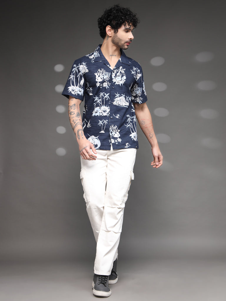 Men's Navy Tropical Cuban Shirt