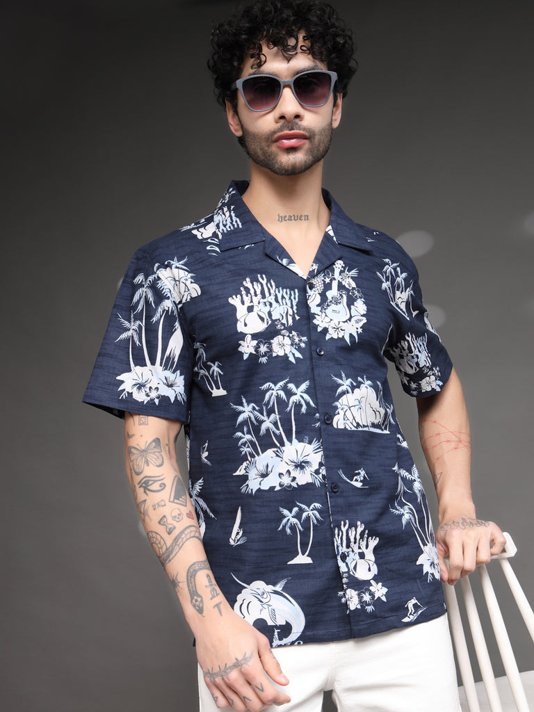 Men's Navy Tropical Cuban Shirt