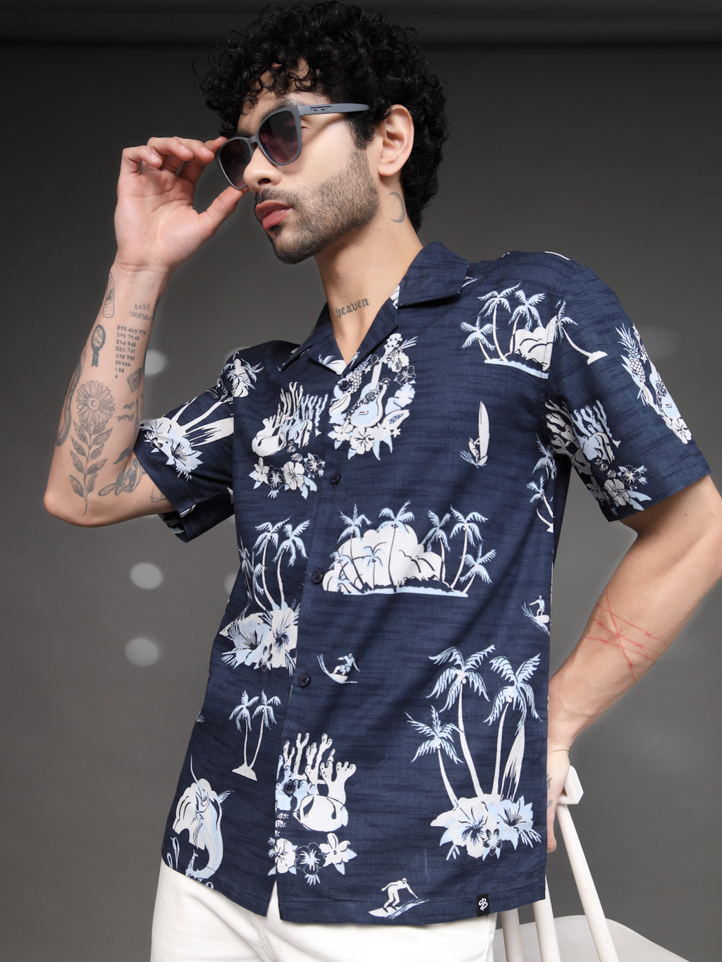 Men's Navy Tropical Cuban Shirt