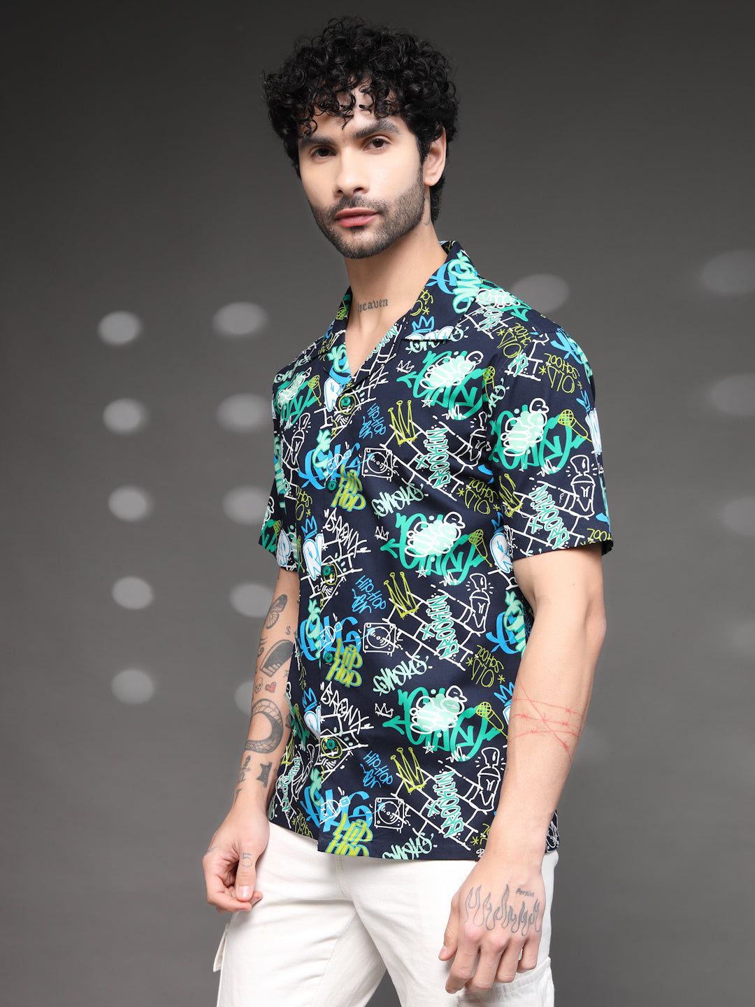 Men's Graffiti Print Cuban Shirt