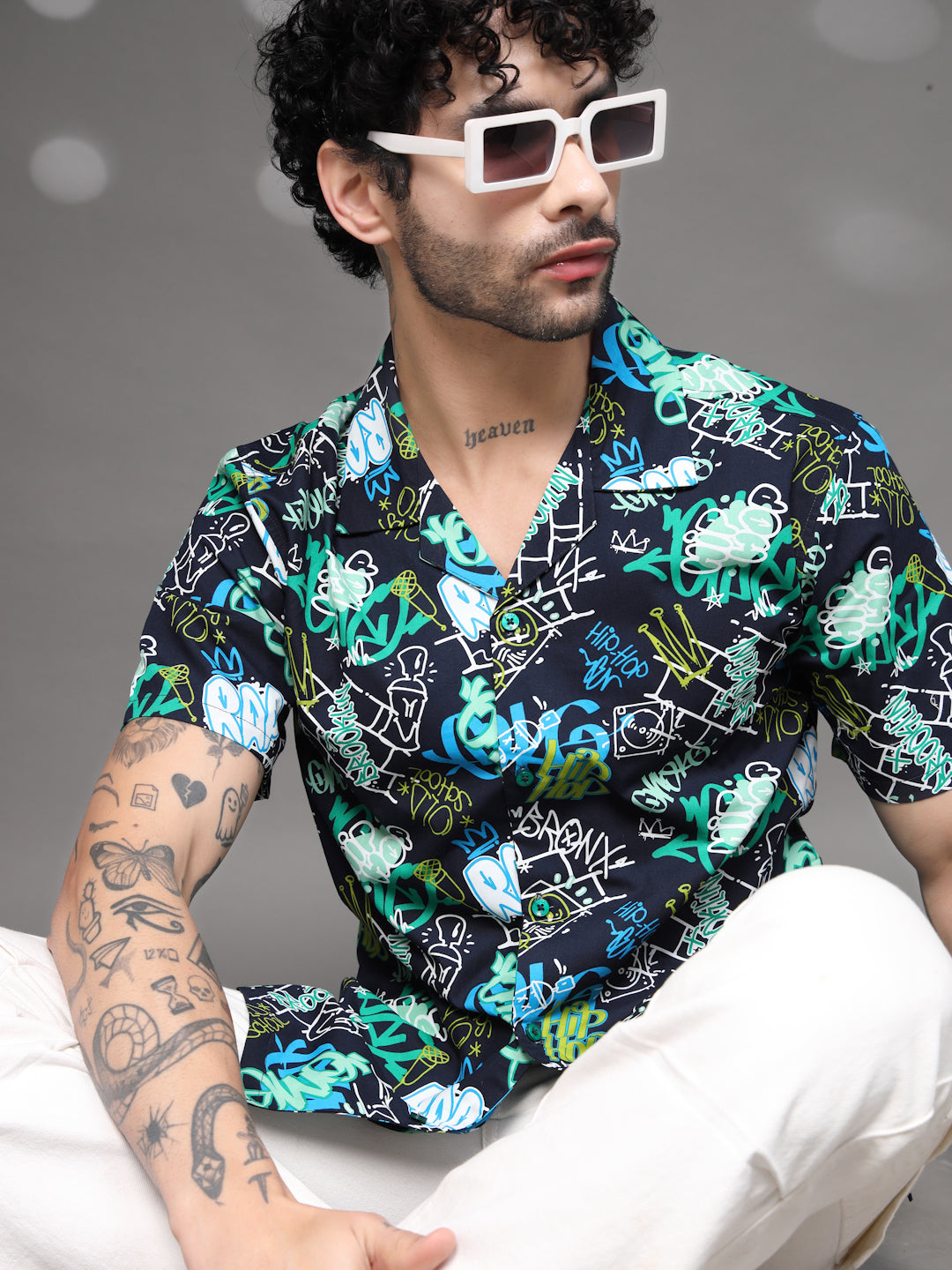 Men's Graffiti Print Cuban Shirt