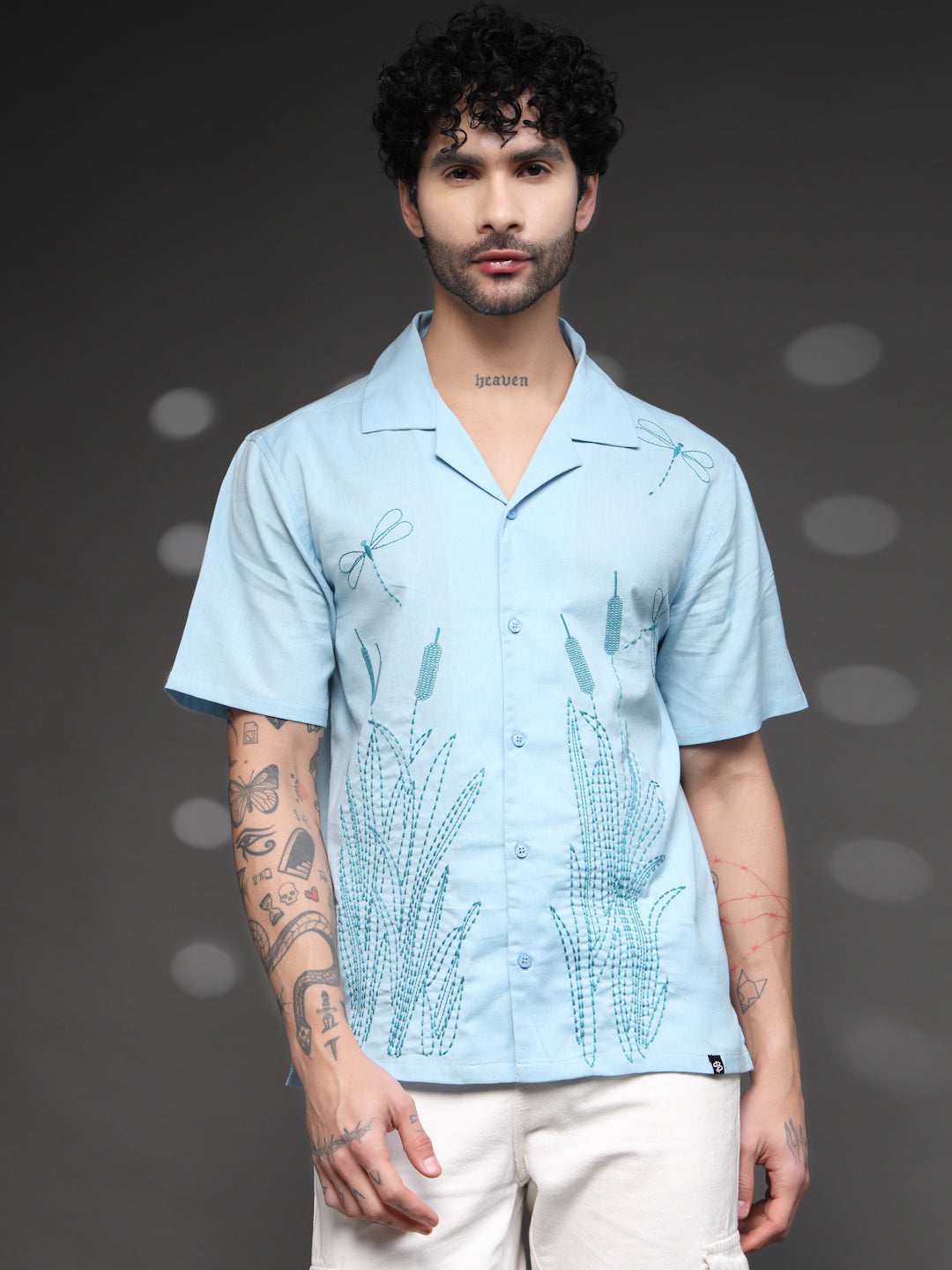 Men's Blue Dragonfly Embroidered Shirt
