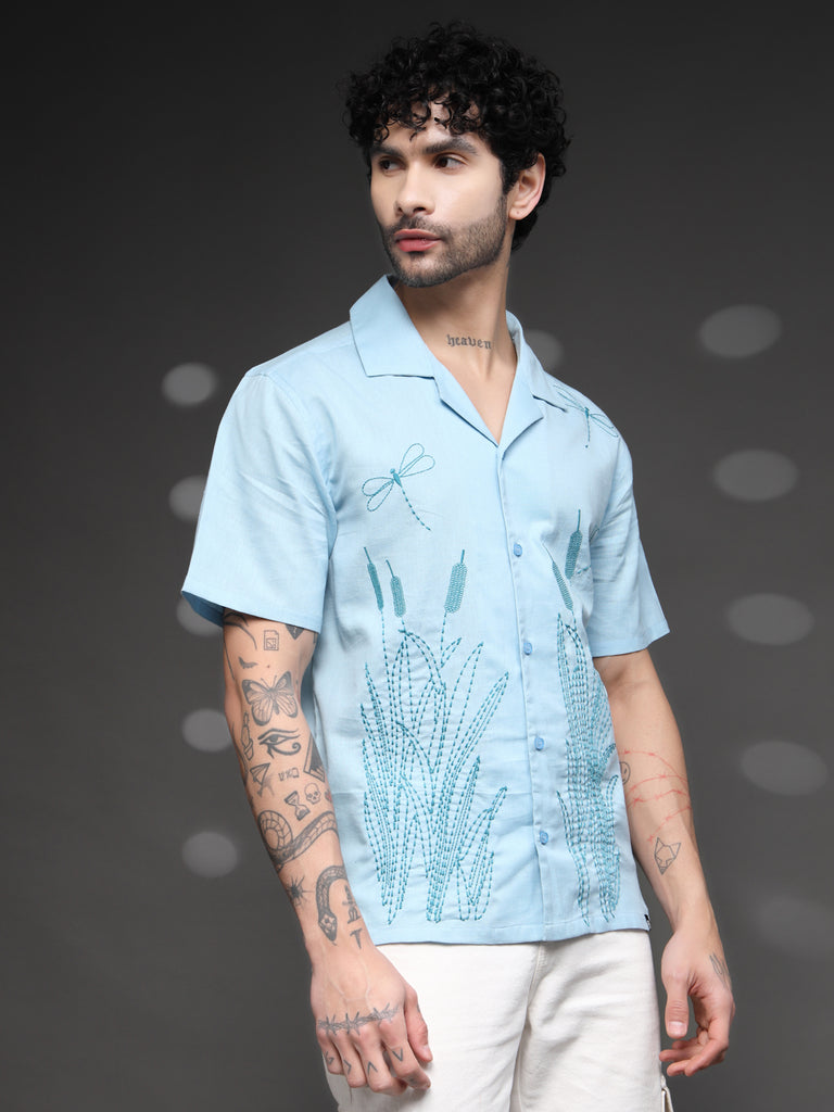 Men's Blue Dragonfly Embroidered Shirt