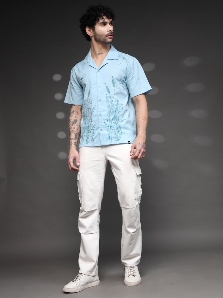 Men's Blue Dragonfly Embroidered Shirt