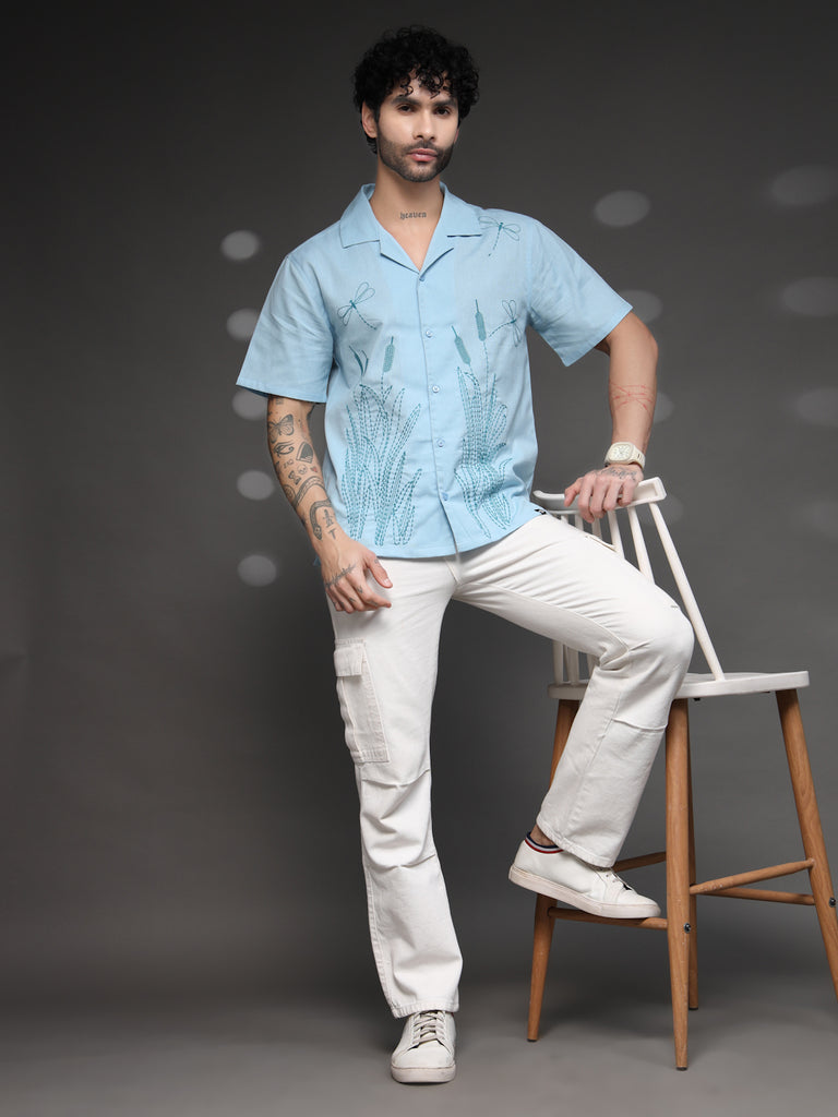 Men's Blue Dragonfly Embroidered Shirt