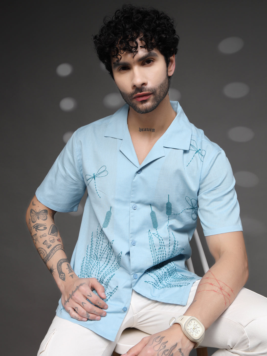 Men's Blue Dragonfly Embroidered Shirt