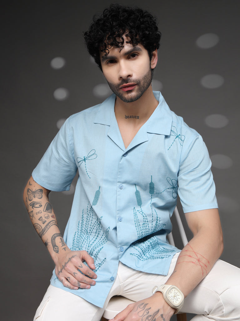 Men's Blue Dragonfly Embroidered Shirt