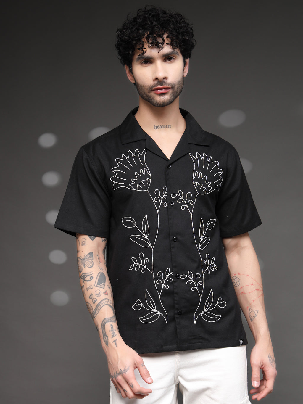 Men's Black Floral Embroidered Shirt