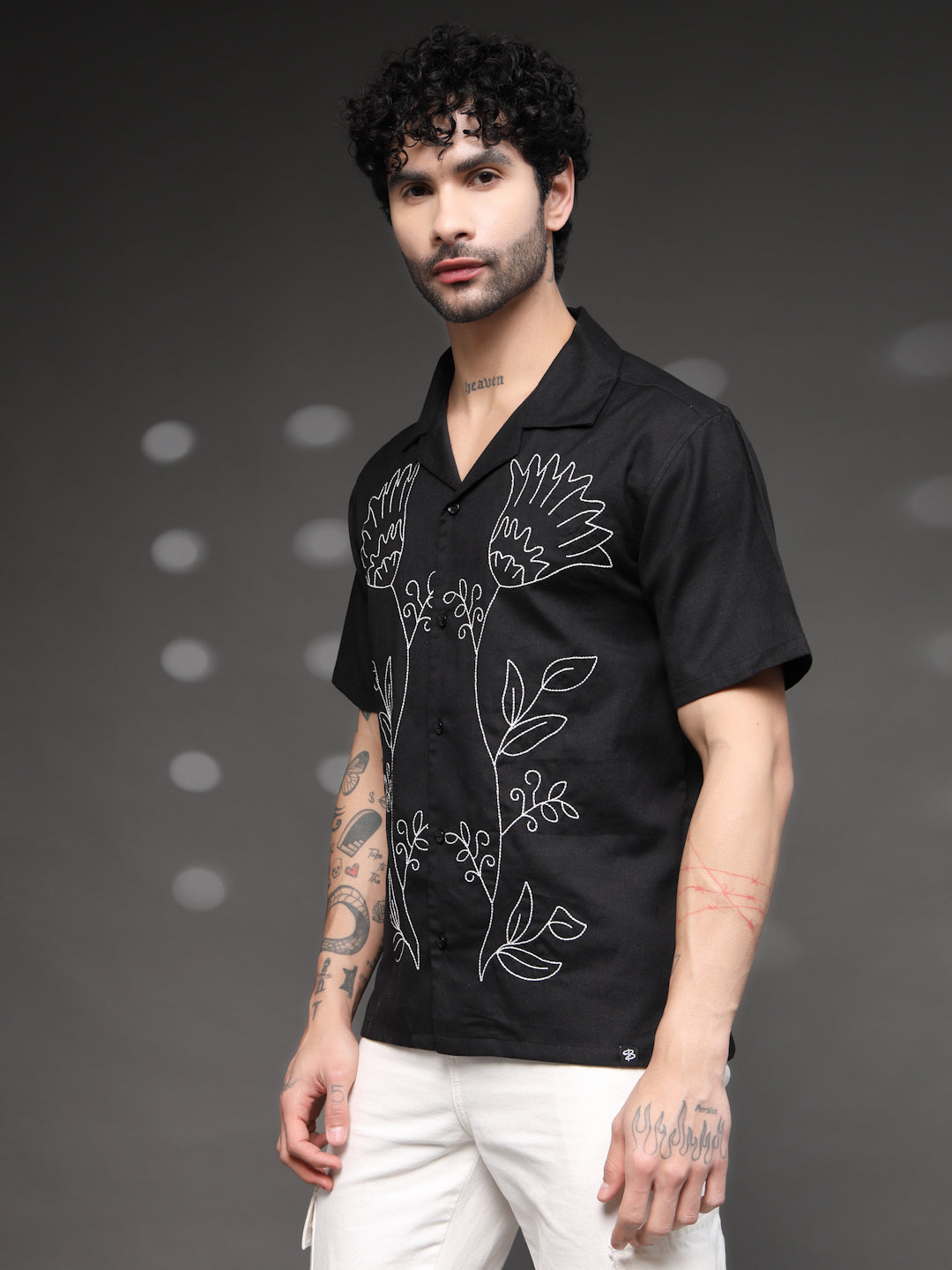 Men's Black Floral Embroidered Shirt