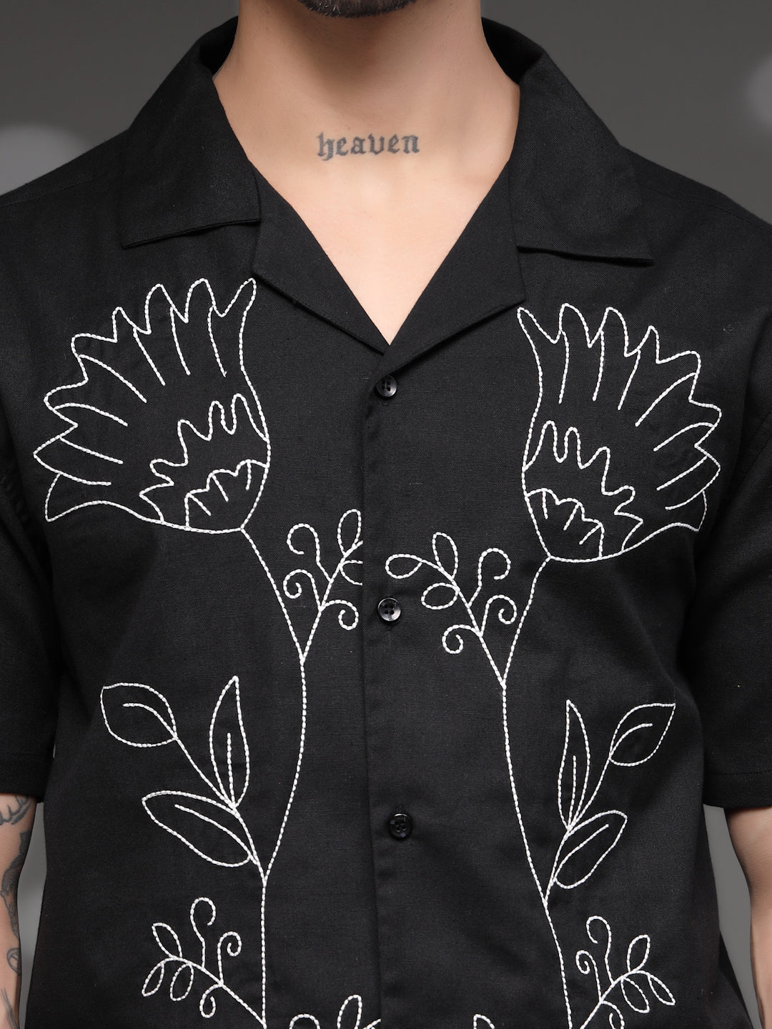 Men's Black Floral Embroidered Shirt