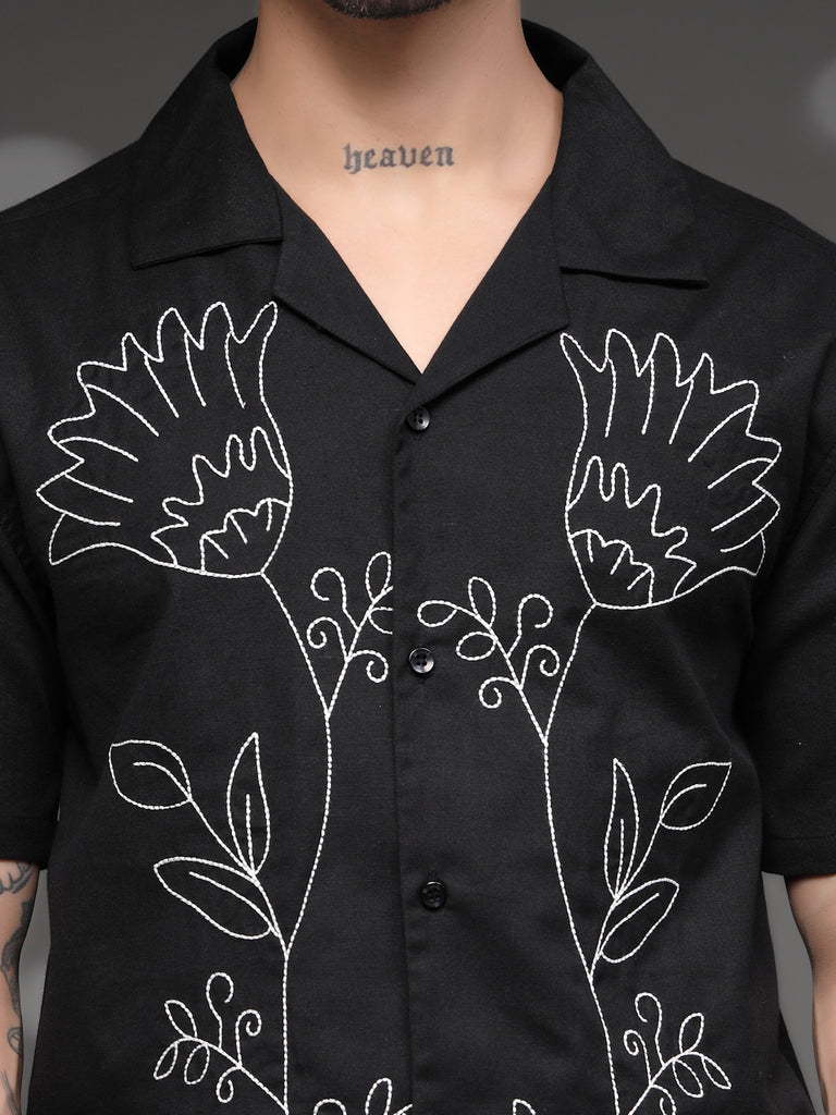 Men's Black Floral Embroidered Shirt