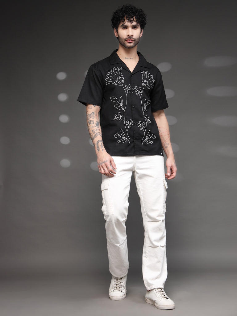 Men's Black Floral Embroidered Shirt