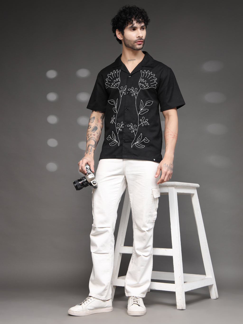 Men's Black Floral Embroidered Shirt