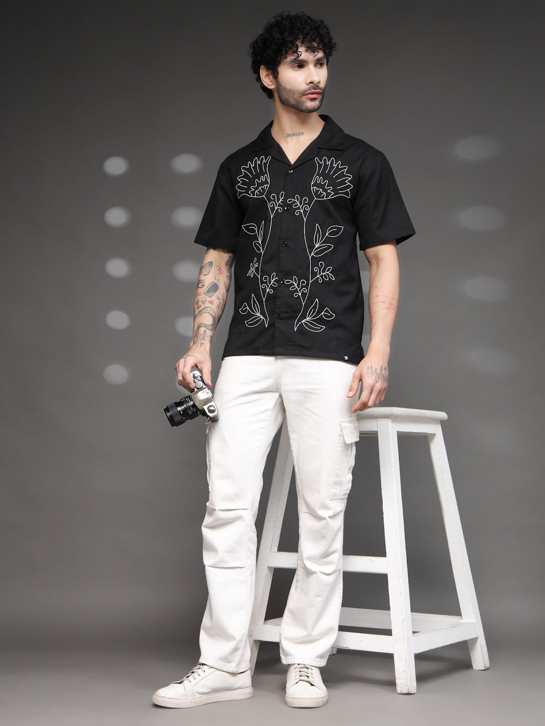Men's Black Floral Embroidered Shirt
