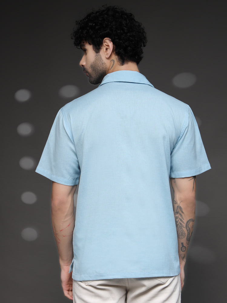 Men's Blue Floral Embroidered Shirt
