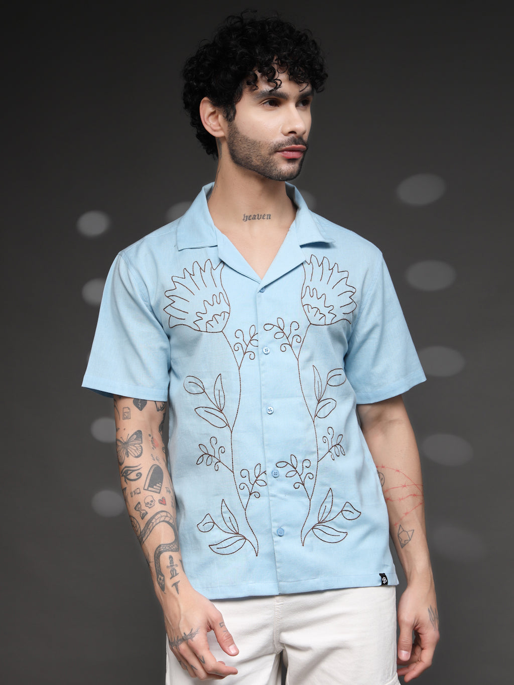 Men's Blue Floral Embroidered Shirt