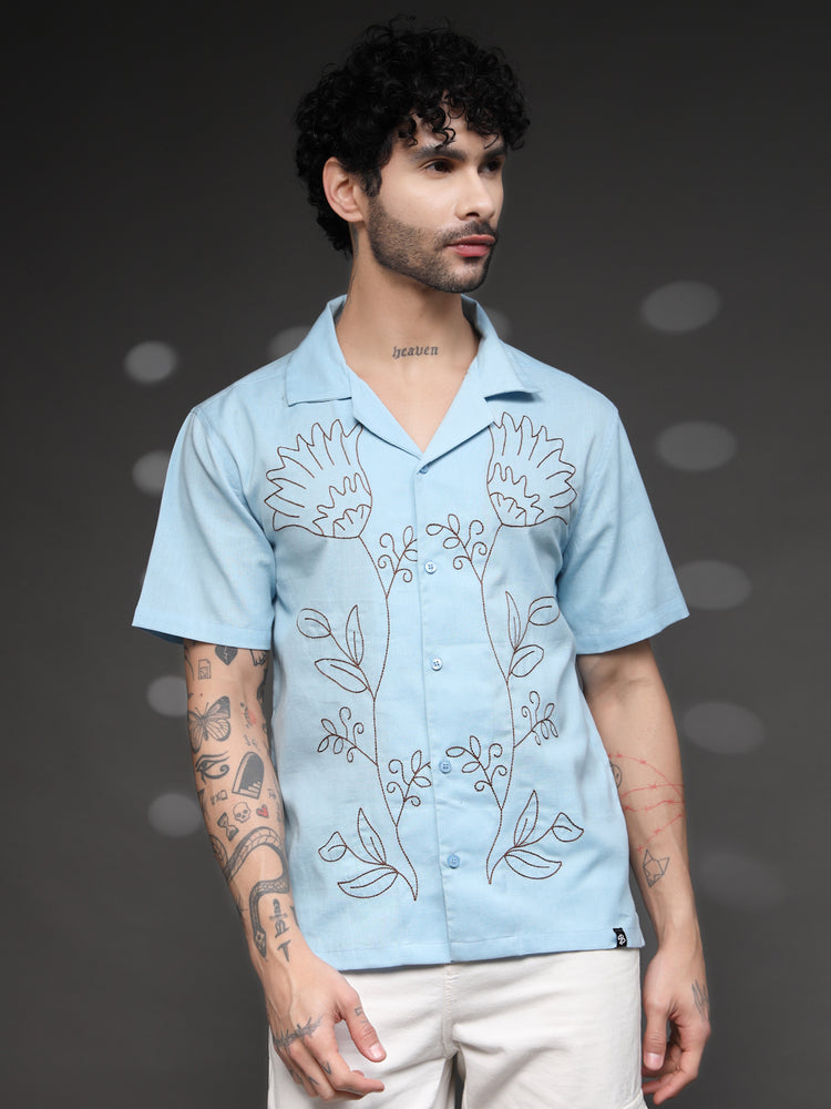 Men's Blue Floral Embroidered Shirt