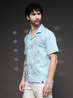 Men's Blue Floral Embroidered Shirt