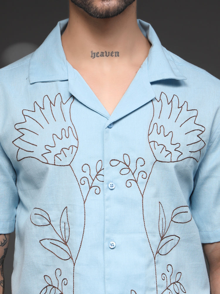 Men's Blue Floral Embroidered Shirt