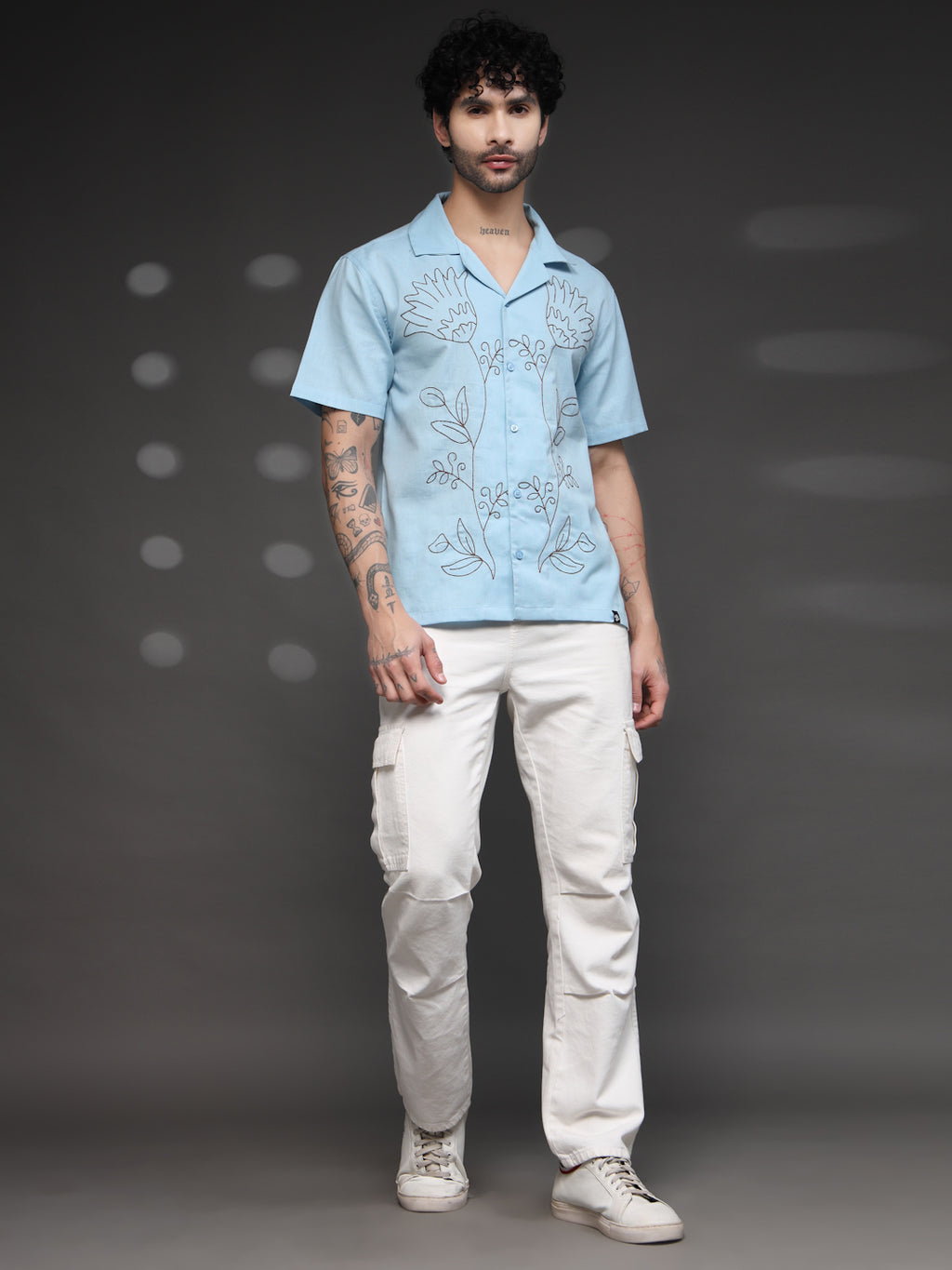 Men's Blue Floral Embroidered Shirt