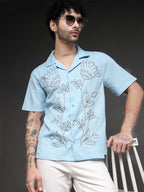 Men's Blue Floral Embroidered Shirt