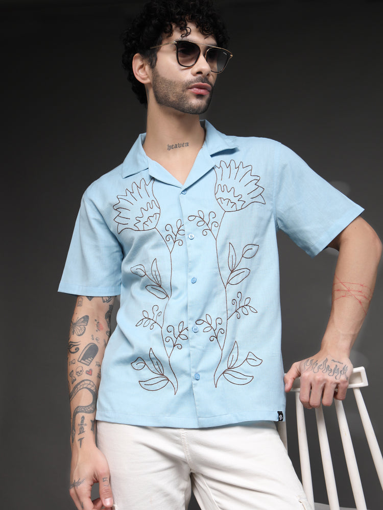 Men's Blue Floral Embroidered Shirt