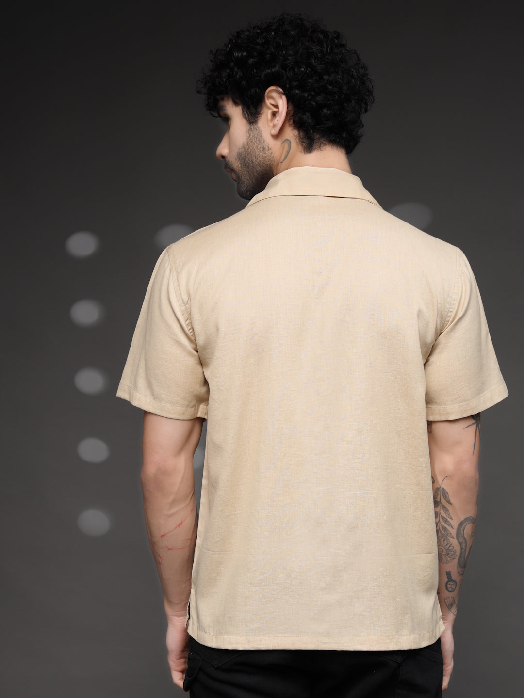 Beige Tattoo Graphic Cuban Shirt