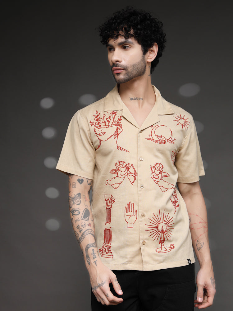 Beige Tattoo Graphic Cuban Shirt