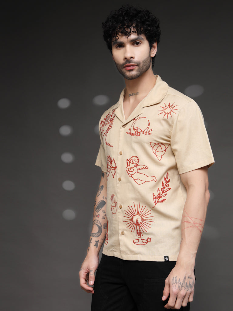 Beige Tattoo Graphic Cuban Shirt