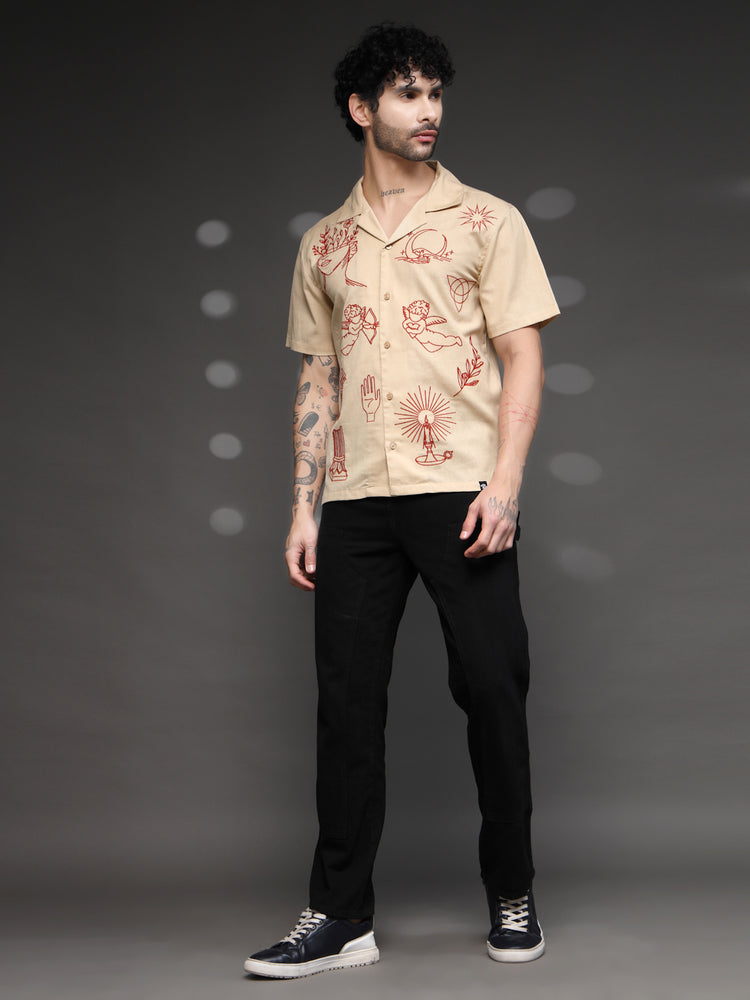 Beige Tattoo Graphic Cuban Shirt