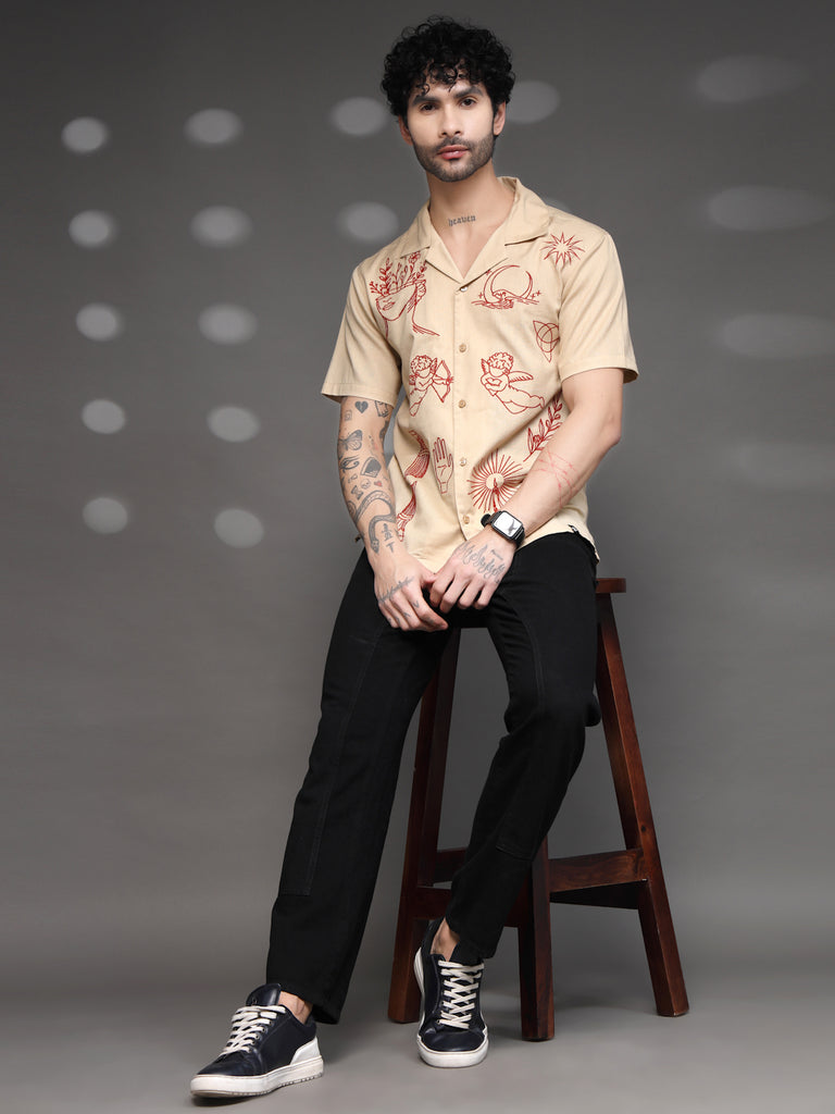 Beige Tattoo Graphic Cuban Shirt