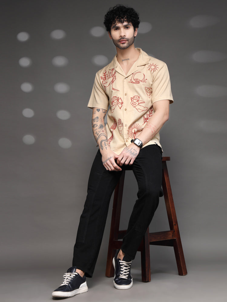 Beige Tattoo Graphic Cuban Shirt