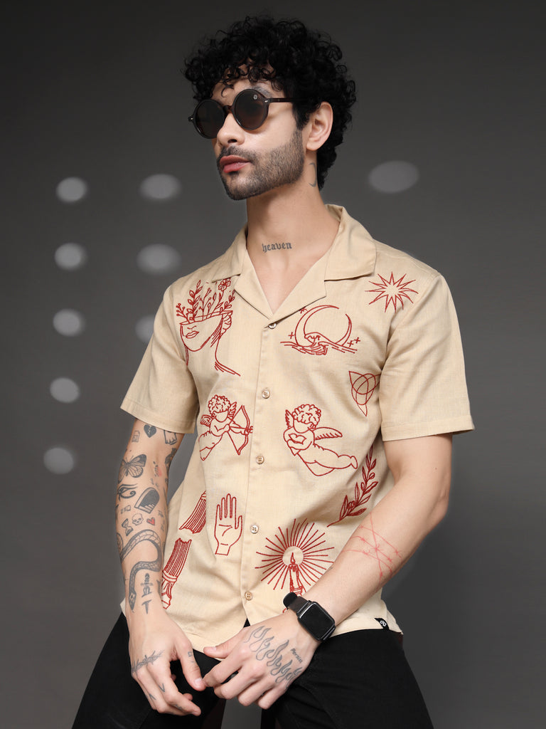 Beige Tattoo Graphic Cuban Shirt